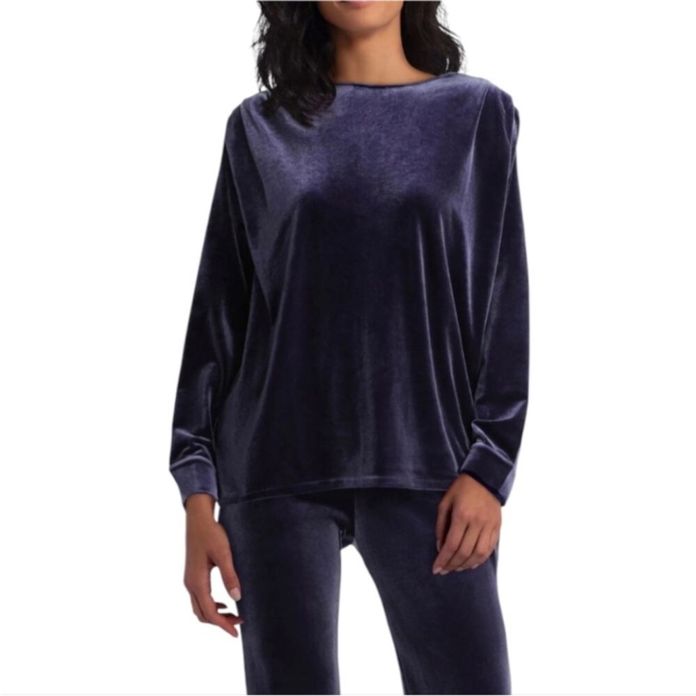 HALSTON deep‎ blue velvet, shoulder pleat detail, Top 2 Set pants Size XS NWT